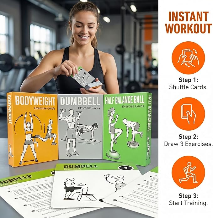 Workout Cards Bodyweight & Dumbbell & Half-Balance Ball - 150 Large 5"x3.5" Exercise Cards with 36 Strength Moves, Home & Gym Fitness Cards for Men & Women, Beginner Fitness Guide