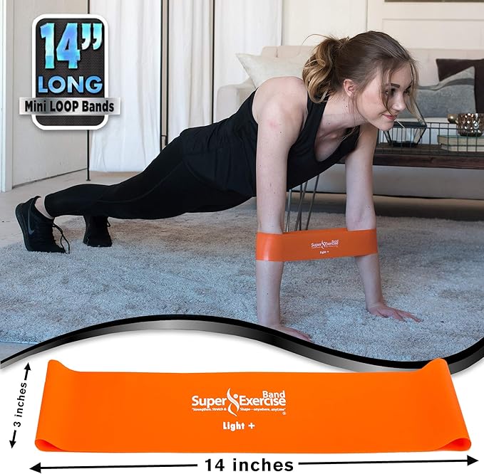 USA 14" x 3" Extra Long Latex Free Mini Loop Bands in 3, 5, 10 Pack Sets. 10 Strengths for Resistance Training, Stretching, Yoga, Toning. Plus an Exclusive iPhone App and E-Book.