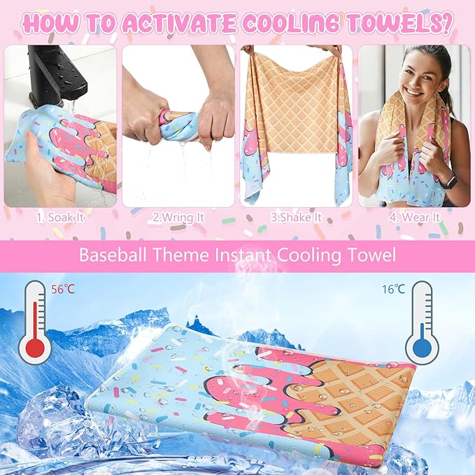 12 Pack Ice Cream Drip Baseball Cooling Towels for Boys, Ice Cream Print Sports Towels with Bags, 40"x12" Breathable Chilly Towel, Colorful Summer Microfiber Towel for Sport Team Gift Beach