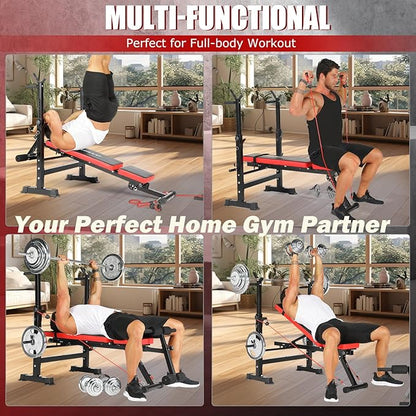 OPPSDECOR 8-in-1 Foldable Weight Bench Set with Squat Rack, Adjustable Bench Press Home Gym System for Full-Body Workout, Flat Incline Decline Sit Up Bench with Removable Foot Catch & Elastic Ropes