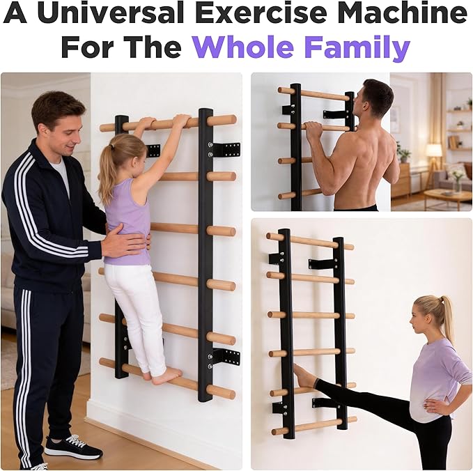Multi-Function Half Body Swedish Wall Ladder Stall Bar – Sturdy Solid Wood & Steel Frame for Home Gym, Wall Mounted Pull Up & Climbing Bar for Full Family Strength, Stretch & Fitness Training