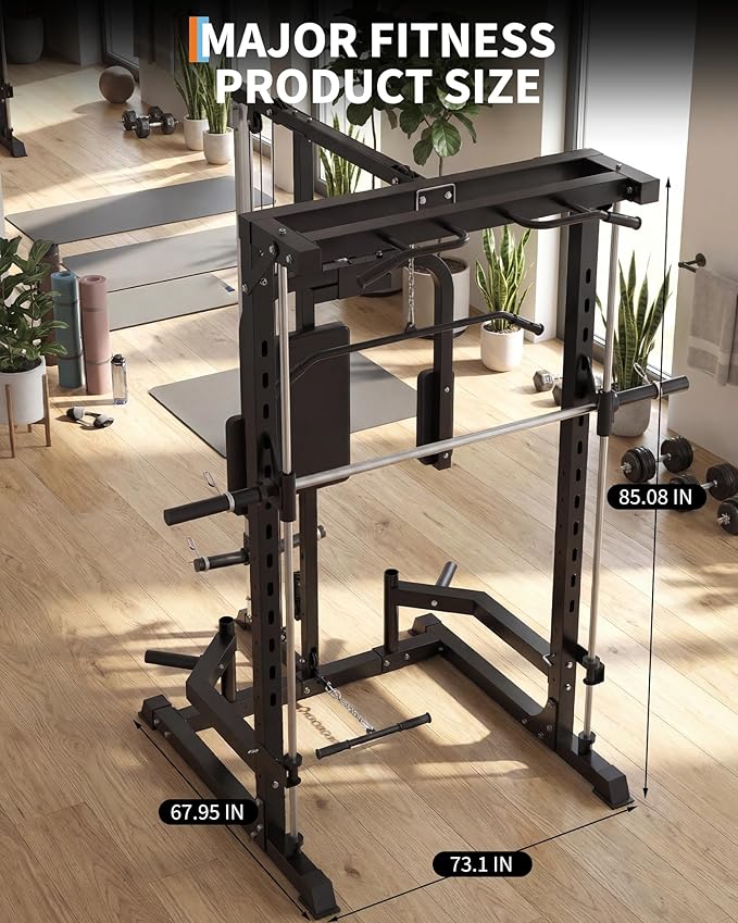 Smith Machine with Bench, Heavy Duty Power Cage Squat Rack with Smith Bar, LAT Pulldown System, Chest Station & More Training Attachment, Home Gym Equipment for Strengthen Training