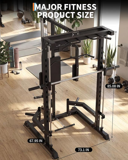 Smith Machine with Bench, Heavy Duty Power Cage Squat Rack with Smith Bar, LAT Pulldown System, Chest Station & More Training Attachment, Home Gym Equipment for Strengthen Training