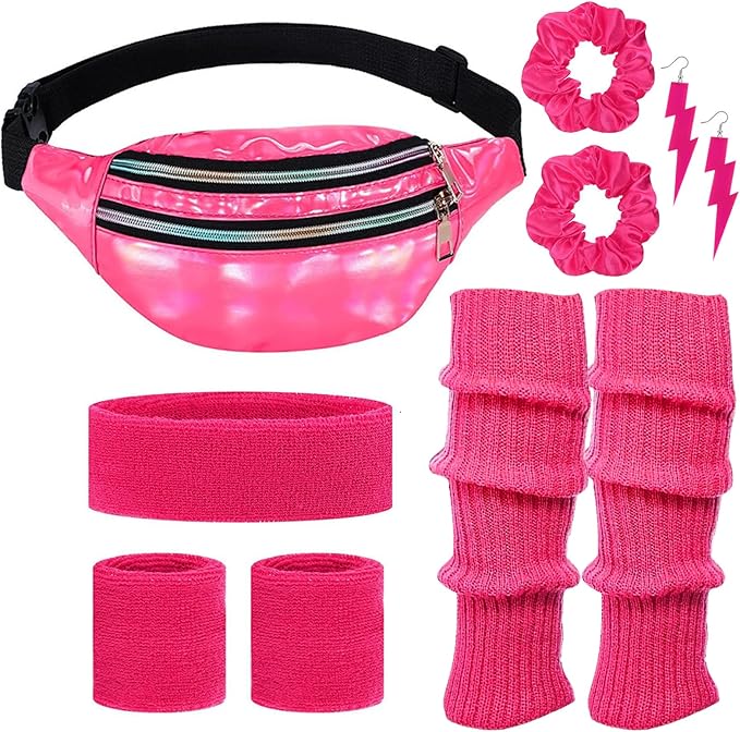 80s Neon Workout Costume Accessories Set 10 PCS Leg Warmers for Women 80s Headband Wristband Fanny Pack for Yoga Running