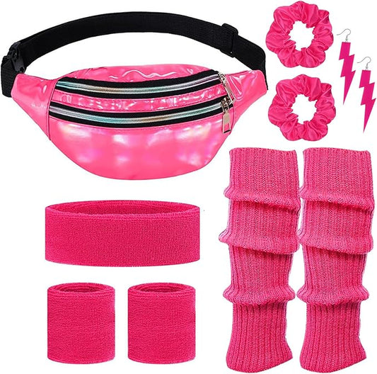 80s Neon Workout Costume Accessories Set 10 PCS Leg Warmers for Women 80s Headband Wristband Fanny Pack for Yoga Running
