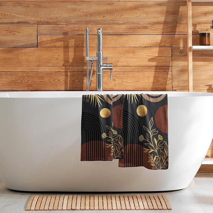 Black Boho Modern Kitchen Towels Set of 2 Abstract Mid Century Soft Absorbent Face Towels Retro Gold Leaves Tea Dish Towels Housewarming Gifts for New Home Bathroom Hotel 14"x28"