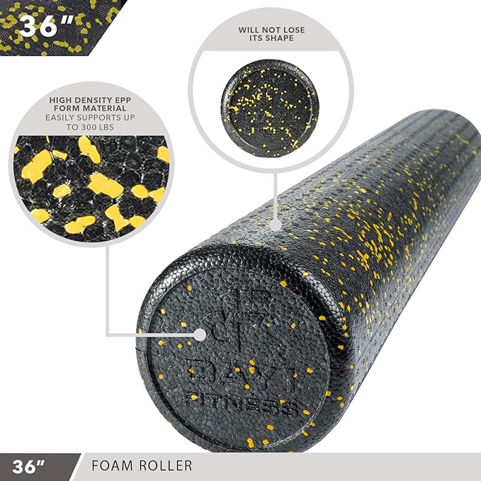 Day 1 Fitness High Density Muscle Foam Rollers - Sports Massage Rollers for Stretching, Physical Therapy, Deep Tissue, Myofascial Release - Ideal for Exercise and Pain Relief - Speckled Yellow, 24”