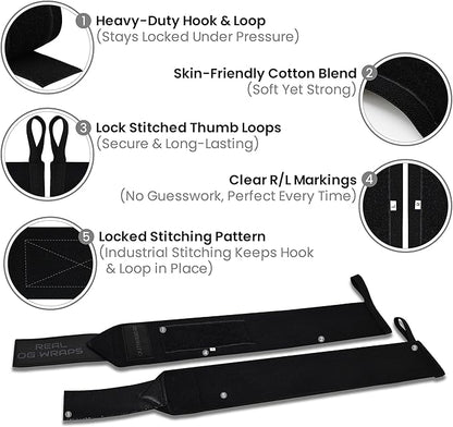 18" OG-Grade Wrist Wraps for Weightlifting – Heavy Duty Wrist Support with Thumb Loop & Lockdown Strap – Wrist Straps for Powerlifting, Bench Press & Gym Training