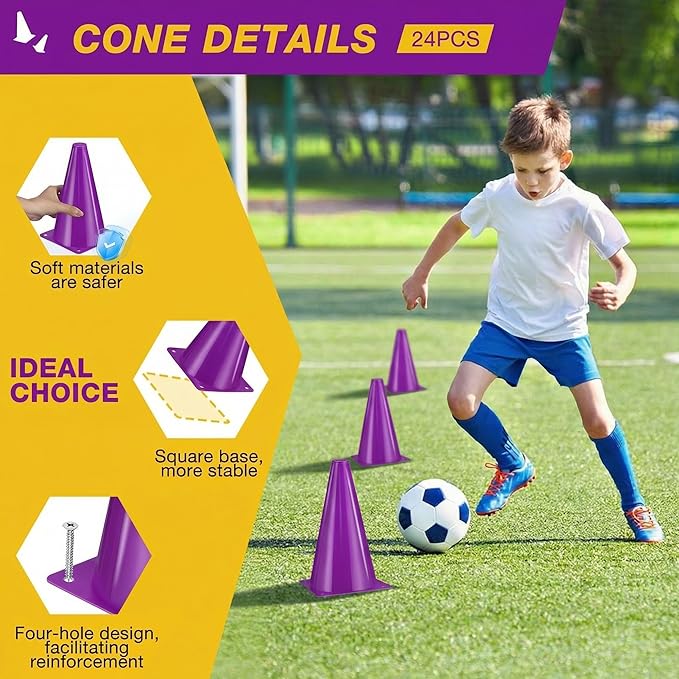 24pcs Cones 9 Inch Soccer Cones and Plastic Traffic Cones, Durable Cones for Sports Training, Ideal for Soccer, Basketball, Football, Skating, and Agility Drills Practice