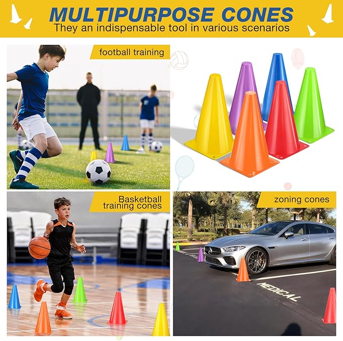 24pcs Cones 9 Inch Soccer Cones and Plastic Traffic Cones, Durable Cones for Sports Training, Ideal for Soccer, Basketball, Football, Skating, and Agility Drills Practice