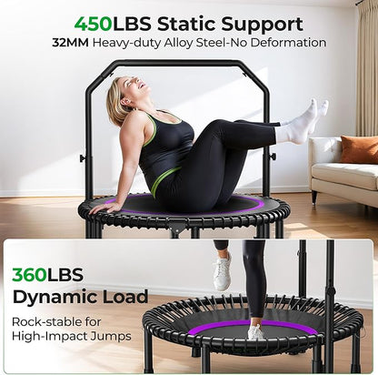 BCAN BT2 450/550LBS Mini Rebounder Trampoline for Adults with Bar, Fitness Trampoline with Bungees, Adjustable Handle, Stable & Quiet, Indoor Outdoor, Whole-Body Workout & Relaxation at Home-40IN/48IN