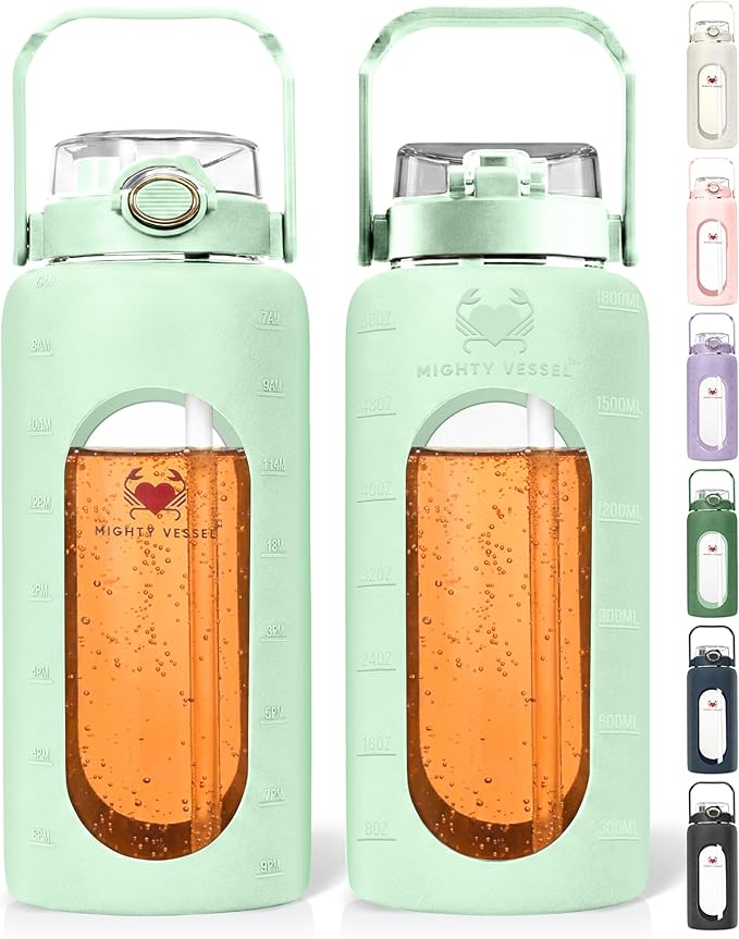 64 Oz Water Bottle with Time Marker & Straw - Light green Pregnancy 2 Liter Glass Water Bottles with Measurements - Daily intake bottle - Leakproof Borosilicate jug