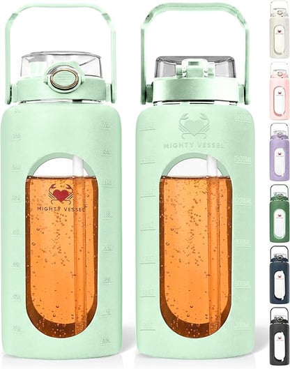 64 Oz Water Bottle with Time Marker & Straw - Light green Pregnancy 2 Liter Glass Water Bottles with Measurements - Daily intake bottle - Leakproof Borosilicate jug