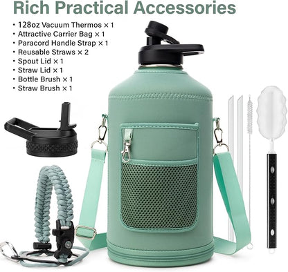 1 Gallon Water Bottle Insulated | Thickened Stainless Steel Vacuum Metal Water Jug | Portable Sports Large for Gym and Hiking with Straw, Carrier Bag, Handle Strap | BPA-Free 128 oz