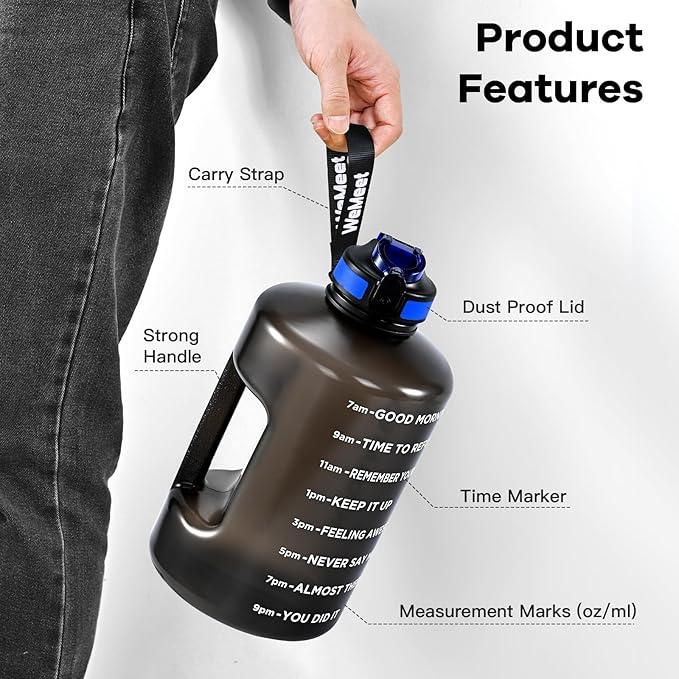 128oz Water Bottle with Time Marker, BPA Free, 1 Gallon Motivational Sports Water Bottle with Straw, for Sports, Outdoor Activities, Fitness Enthusiasts (Black)