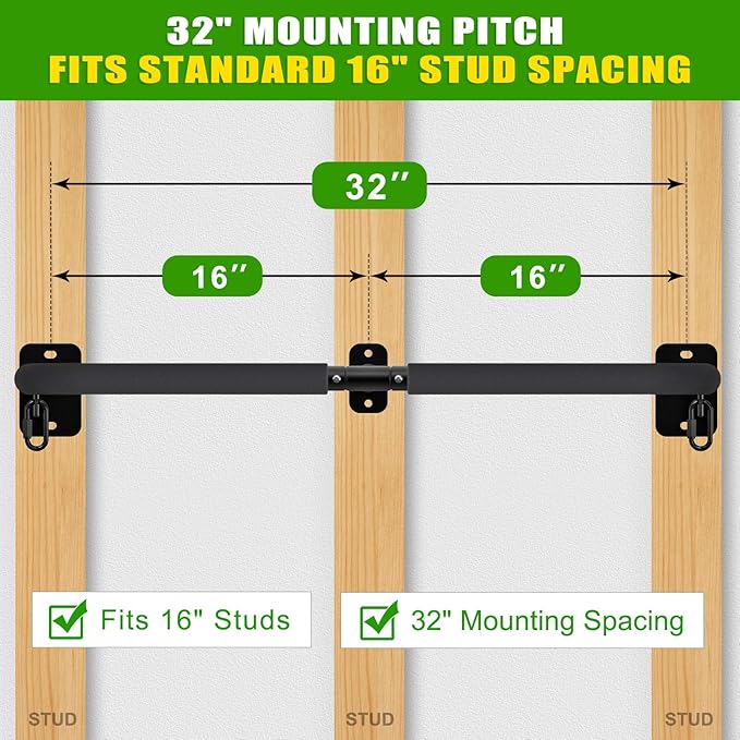 SELEWARE Heavy Duty Wall Mount Pull Up Bar, Joist Mount Chin Up Bar for Doorway, Sturdy Steel Construction, w/Resistance Band Hooks, Fits 32"/36" Wall Studs for Home Gym Strength Training