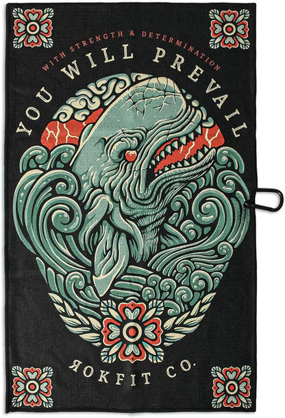 RokFit Gym & Golf Towel – Multi-Use, Quick-Dry, Durable Utility Towel with Bold Graphic and Carabiner Clip (You Will Prevail)