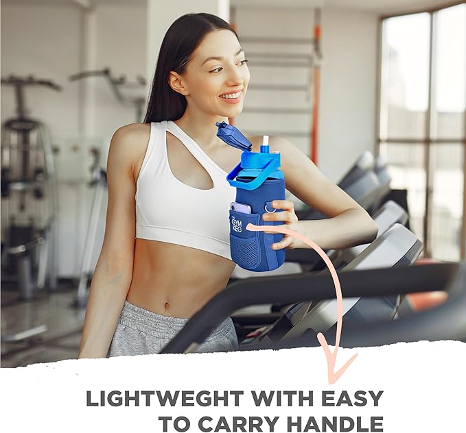 Gym Keg Plastic Water Bottles - 74 oz Bottle Jug with Sleeve & Phone Holder - BPA-free - Sweat & Leak Proof - Water Bottle with Straw and Handle for Workouts, Jogging, Travel, Gym - Blue