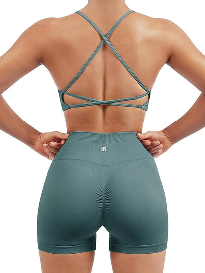 SUUKSESS Women Seamless Workout Sets Strappy Sports Bra High Waist Booty Shorts Outfits