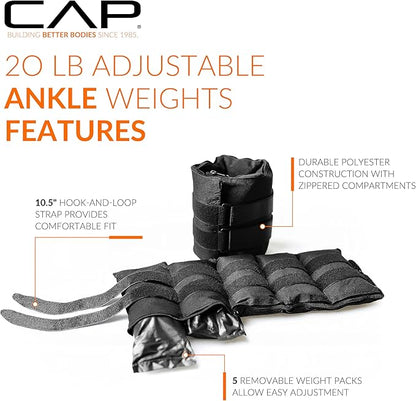 CAP Barbell Adjustable Ankle Weights |10-20lb Pair | Black