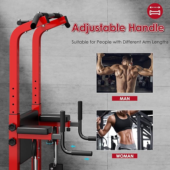 DlandHome Power Tower, Height Adjustable Pull Up Bar Dip Station with Assisted Pad, Multi-Function Home Gym Strength Training Fitness Equipment 330LBS, Red