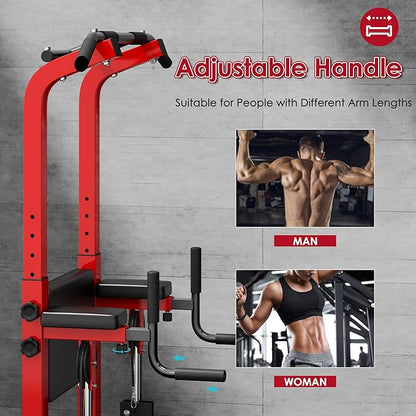 DlandHome Power Tower, Height Adjustable Pull Up Bar Dip Station with Assisted Pad, Multi-Function Home Gym Strength Training Fitness Equipment 330LBS, Red