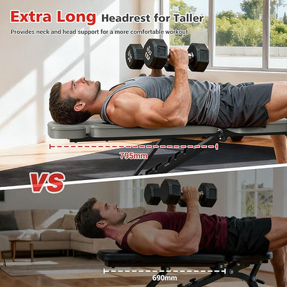 XDDIAS Workout Bench, 10 Backrests Adjustable Weight Bench with Extended Headrest, 800LBS Foldable Weight Bench for Home Gym, Incline Decline Flat Bench Compact for Small Space Training