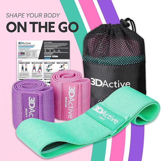 3DActive Fabric Resistance Bands for Legs & Butt. Wide Non-Slip Hip Band Set for Home & Gym Workouts. Exercise Guide & Carry Bag Included.