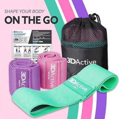 3DActive Fabric Resistance Bands for Legs & Butt. Wide Non-Slip Hip Band Set for Home & Gym Workouts. Exercise Guide & Carry Bag Included.