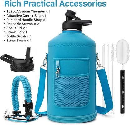 1 Gallon Water Bottle Insulated | Thickened Stainless Steel Vacuum Metal Water Jug | Portable Sports Large for Gym and Hiking with Straw, Carrier Bag, Handle Strap | BPA-Free 128 oz