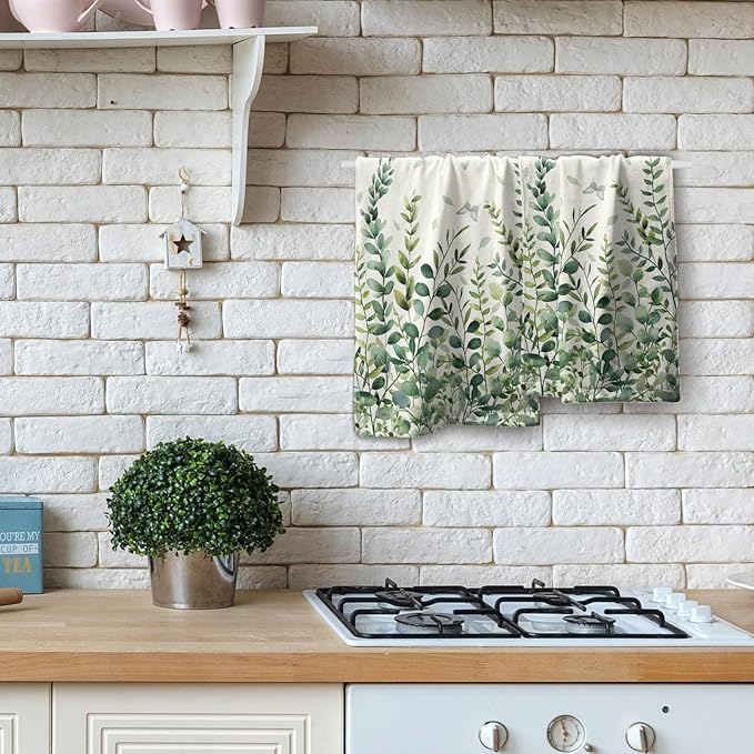 Sage Green Eucalyptus Hand Bath Towel Watercolor Leaves Butterfly Soft Absorbent Washcloths Nature Themed Leaf Plants Bathroom Decor Spring Botanical Kitchen Tea Dish Towels for Home Hotel 2 Pack