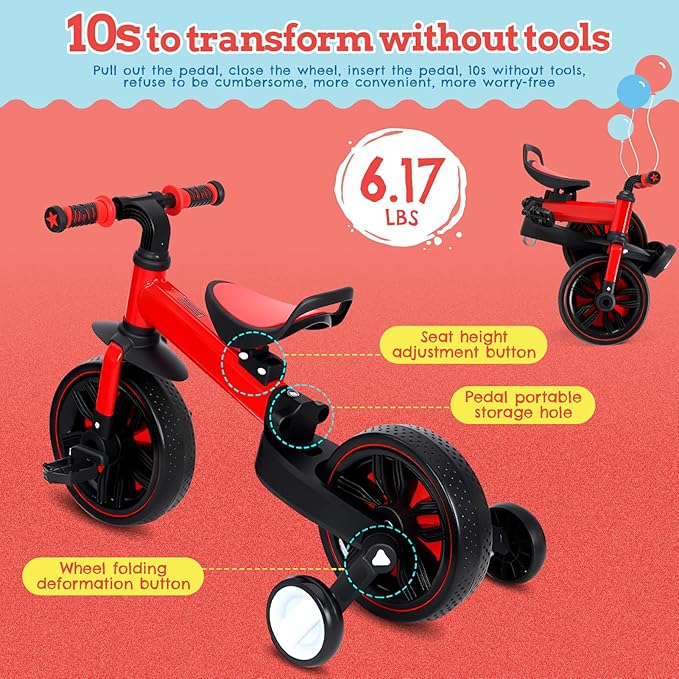 Toddler Bike, 6-in-1 Multi-Functional Kids Bicycle Convertible to Balance Bike, Trike with Training Wheels, Adjustable Saddle and All-Terrain Tires for Boys Girls Age 2-5 (Red)