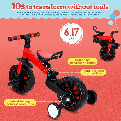 Toddler Bike, 6-in-1 Multi-Functional Kids Bicycle Convertible to Balance Bike, Trike with Training Wheels, Adjustable Saddle and All-Terrain Tires for Boys Girls Age 2-5 (Red)