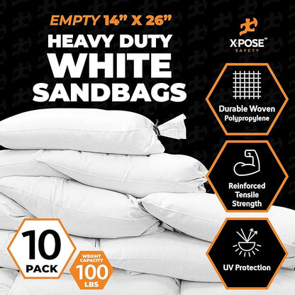 Xpose Safety Heavy Duty Sand Bags with Tie Strings – Empty Woven Polypropylene Sandbags for Hurricane Flood Protection, 100 lb Capacity, 14" x 26", White, Pack of 10