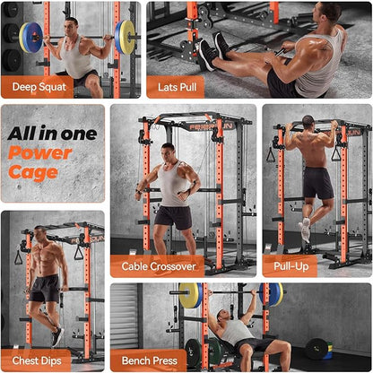 FEIERDUN FLA01 Power Cage Multi Function Squat Rack with Cable Crossover System,2000LBS Capacity with LAT Pulldown,10-in-1 Home Gym