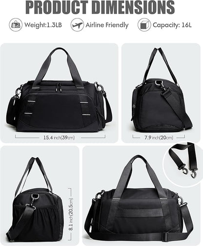 Small Gym Bag for Men, Travel Duffle Bag with Shoe Compartment, 16L Carry On Weekender Duffel Bag for Sports, Workout and Travel, Black