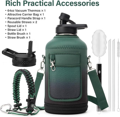 Insulated Water Bottle | Thickened Stainless Steel Vacuum Metal | Portable Sports Half Gallon Large Water Jug for Gym and Hiking with Straw, Carrier Bag, Handle Strap | BPA-Free 64 oz