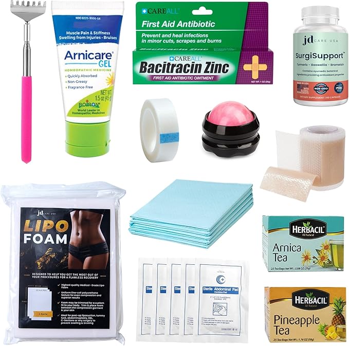 Lipo Surgery Recovery Kit with SurgiSupport Capsules (22 Piece Set) - Liposuction Recovery Supplies Post Surgery Care |ABD Pads, Lipo Foam, Scar Tape, Bromelain Arnica Teas & More