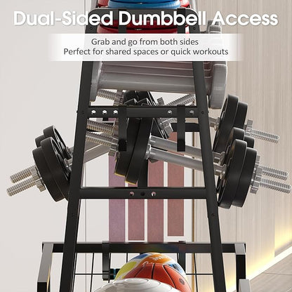 Dual-Sided Dumbbell Rack with Hooks & Wheels, Adjustable Home Gym Storage Rack for Dumbbells, Kettlebells, Balls, Yoga Mats, Ab Roller, Weight Rack Organizer for Workout Equipment