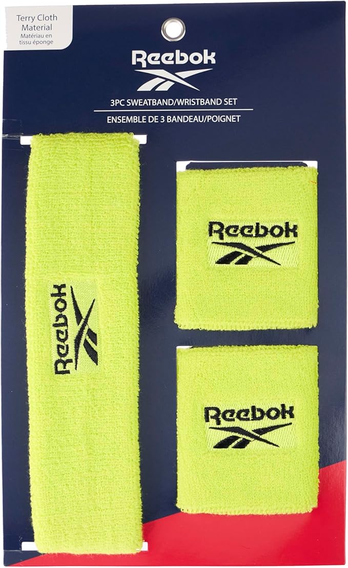 3pc Unisex Athletic Sweatband Set - 2.25in Workout Headband & 3.25in Wristbands w/Stay Dry Technology, Terry Cloth Band Moisture-Wicking Fabric | Quality Fitness Accessories for Active Comfort-Reebok