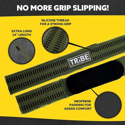 Tribe Lifting Heavy Duty Wrist Wraps & Lifting Straps for Weightlifting - Wrist Straps for Weightlifting Men with Silicone Grip & Padding - Gym Wrist Wraps and Lifting Straps