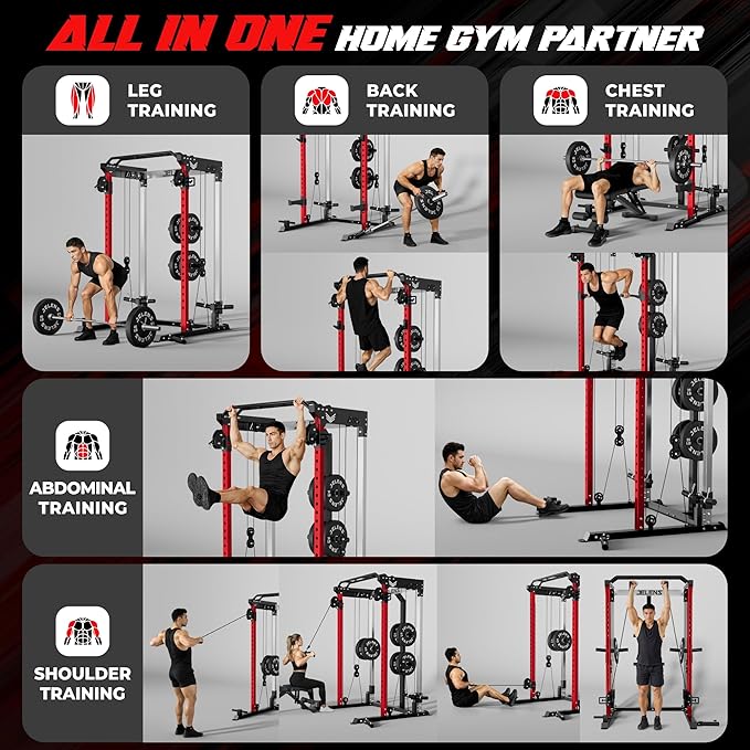 C21 Power Cage, 2000LBS Multi-Function Power Rack with Independent Dual Pulley System, All-in-One Squat Rack for Cable Crossover, Home Gym Workout Machine