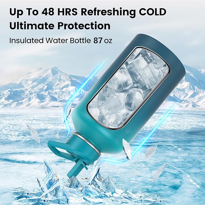 Insulated Water Bottle 64 oz, Triple Wall Vacuum Stainless Steel(Cold for 48 Hrs),Leak Proof & BPA-Free,Half Gallon Water Bottle with Reflective Paracord & Flip Straw for Sports & Travel, Black