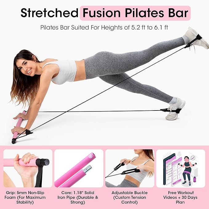 Stretched Fusion Pilates Bar Kit with Resistance Band for Home Workouts | Multifunctional Home Pilates Kit Set for Women & Men | Workout Bar for Legs, Hip, Waist and Arm, Includes 3 Bonuses
