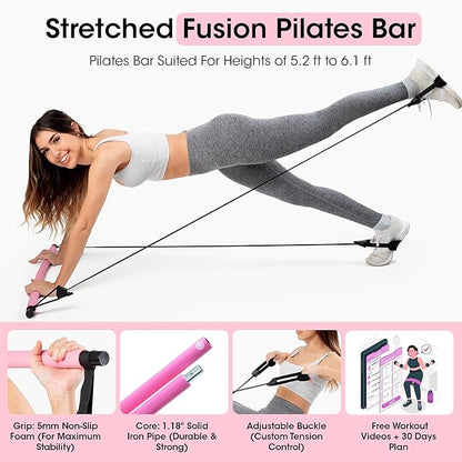 Stretched Fusion Pilates Bar Kit with Resistance Band for Home Workouts | Multifunctional Home Pilates Kit Set for Women & Men | Workout Bar for Legs, Hip, Waist and Arm, Includes 3 Bonuses
