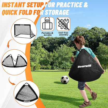 Bearwill Soccer Goal, Kids Soccer Goals for Backyard Set of 2, 4x3ft Portable Soccer Goal Pop Up Soccer Net, Kids Soccer Net Training Equipment with Soccer Ball, Ladder, Cones, Targets