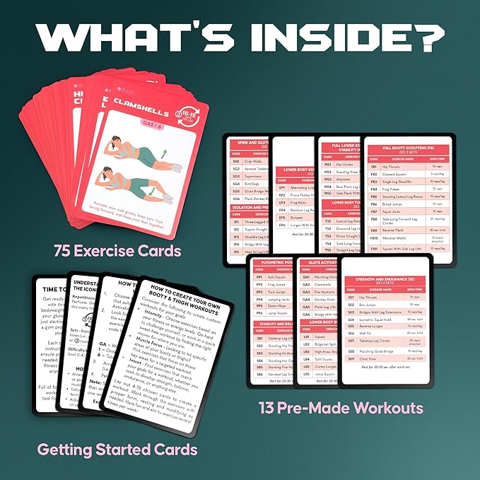 Zinsk 75 Booty & Thighs Exercise Cards - No Equipment Needed Glute Workouts to Shapen and Lift - Compact 3.5" x 2.5" Cards for Fun, Fast Home or Travel Leg and Butt Workouts for Women