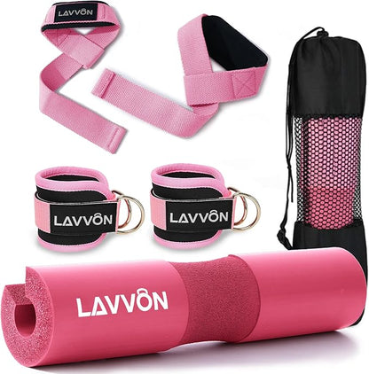 Squat Pad Set - Foam Barbell Pad for Squats Cushion, Lunges & Bar Padding for Hip Thrusts - Standard Olympic Weight Bar Pad - With Ankle Straps, Wrist Straps for Weightlifting