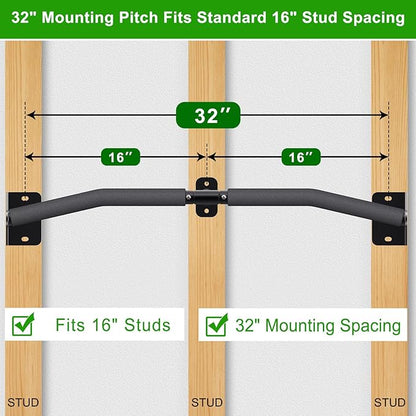 SELEWARE Heavy Duty Wall Mount Pull Up Bar, Joist Mount Chin Up Bar for Doorway, Sturdy Steel Construction, w/Resistance Band Hooks, Fits 32"/36" Wall Studs for Home Gym Strength Training