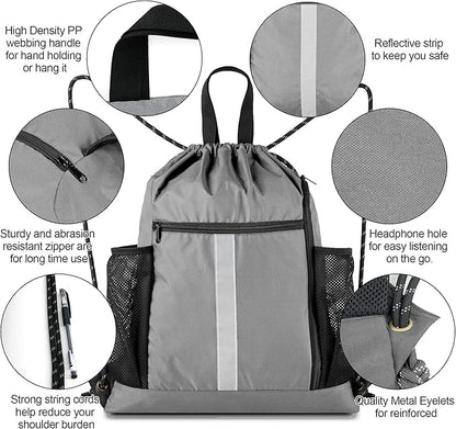 BeeGreen Grey Drawstring Bag Pack Gym Sackpack w Shoe Compartment Two Water Bottle Holder Portable String Sinch Sack for Gymnastic Athletic Beach Travel